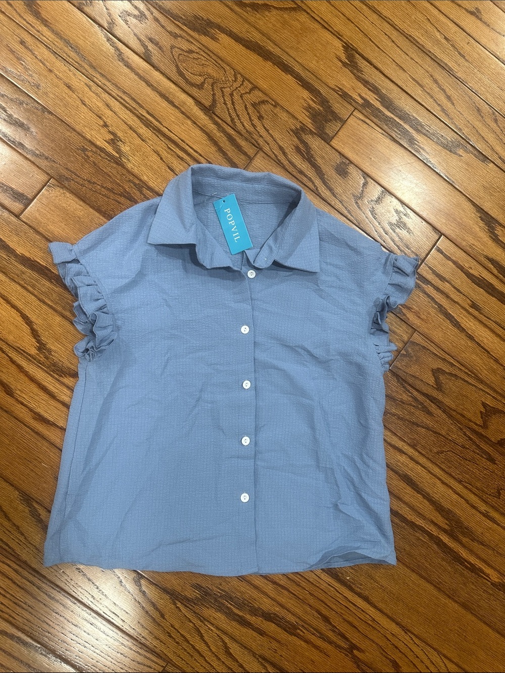 Pop  + Light Blue Ruffle Sleeve Button-Down Top